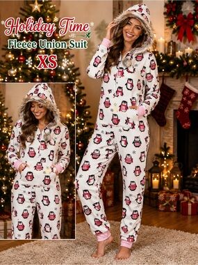 Holiday Time Penguin Fleece Hooded Union Suit Pajamas XS